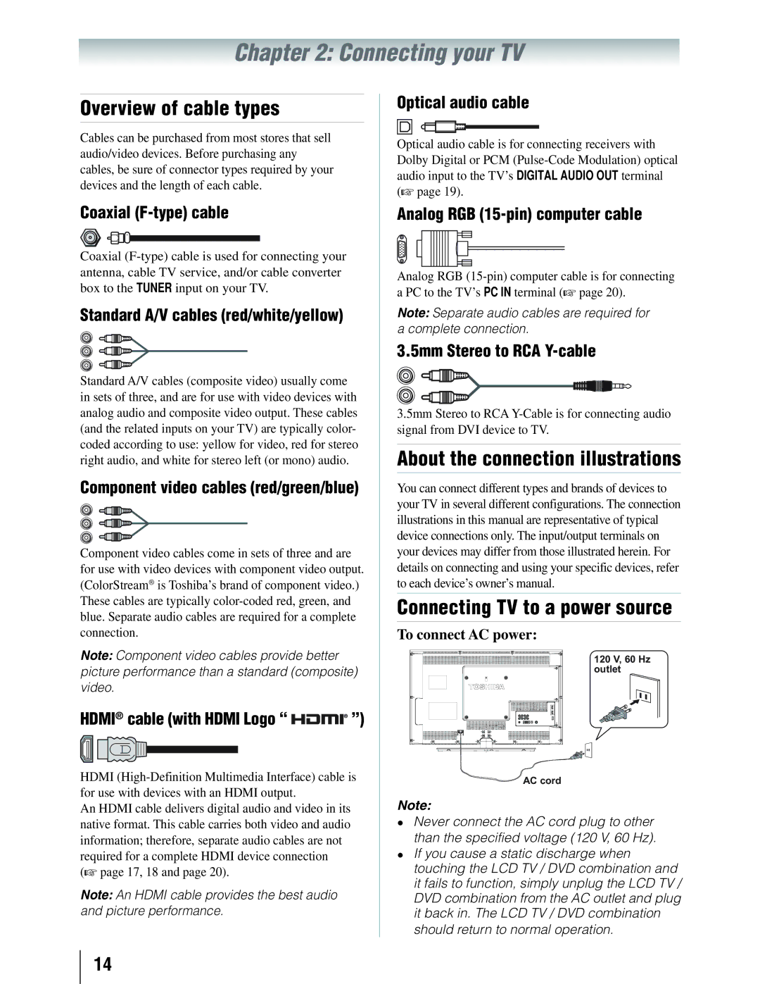 Toshiba 19SLV411U manual Connecting your TV, Overview of cable types 