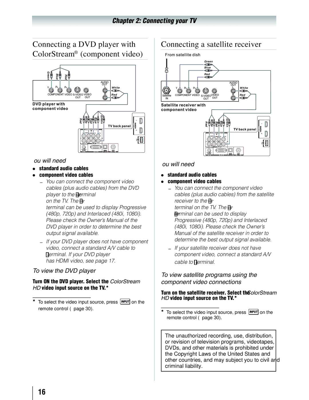 Toshiba 19SLV411U manual Connecting a satellite receiver, Connecting a DVD player with ColorStream component video 