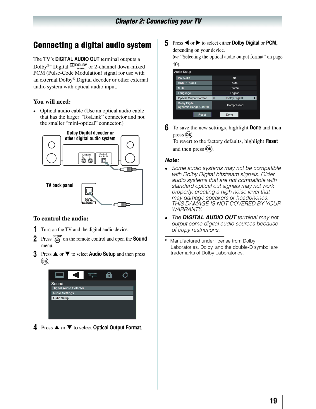 Toshiba 19SLV411U manual Connecting a digital audio system, To control the audio, Press or to select Optical Output Format 