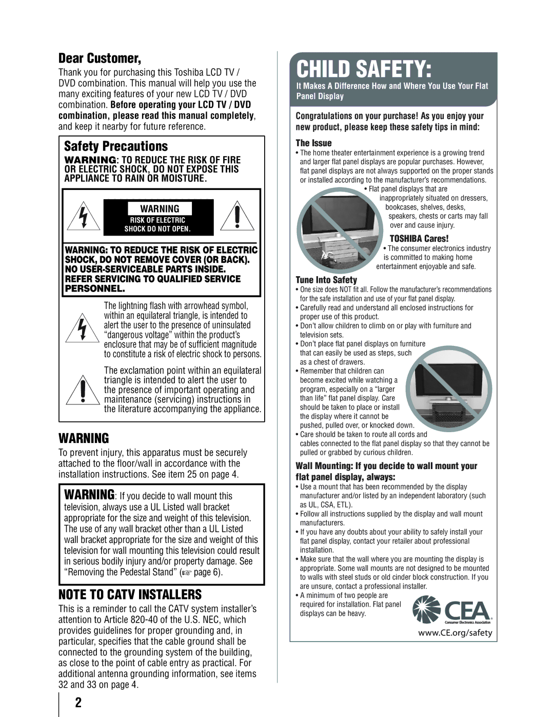 Toshiba 19SLV411U Dear Customer, Safety Precautions, Combination, please read this manual completely 