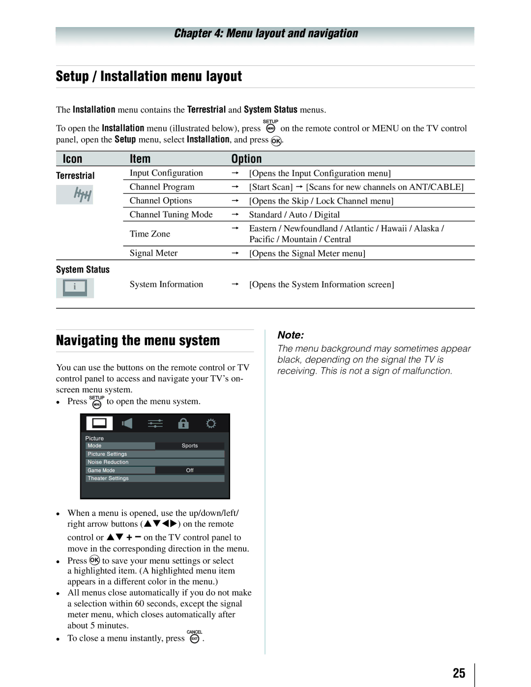 Toshiba 19SLV411U manual Setup / Installation menu layout, Navigating the menu system 