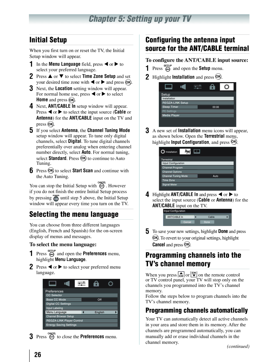 Toshiba 19SLV411U manual Setting up your TV, Initial Setup, Selecting the menu language, Programming channels automatically 