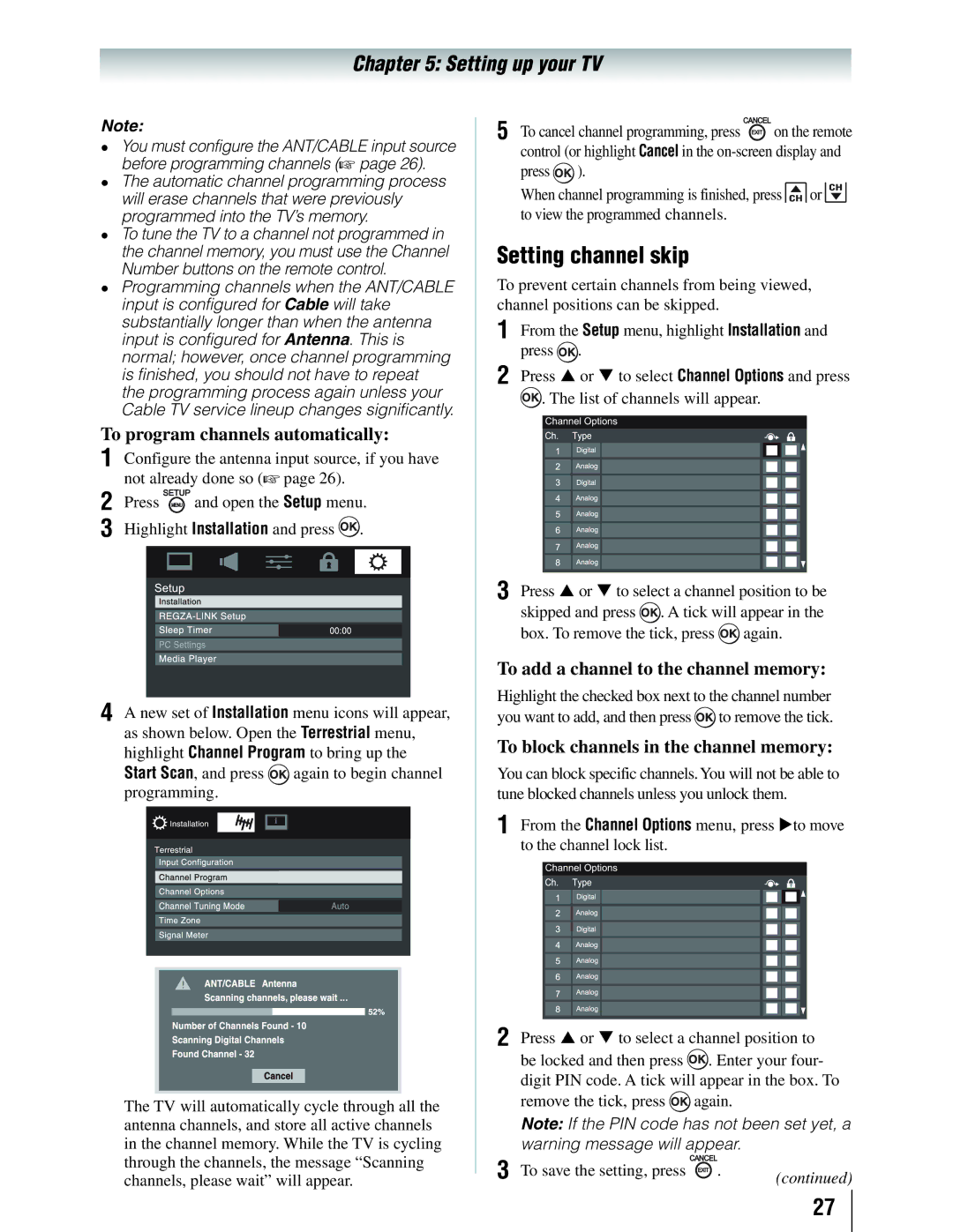 Toshiba 19SLV411U manual Setting channel skip, To program channels automatically, To add a channel to the channel memory 