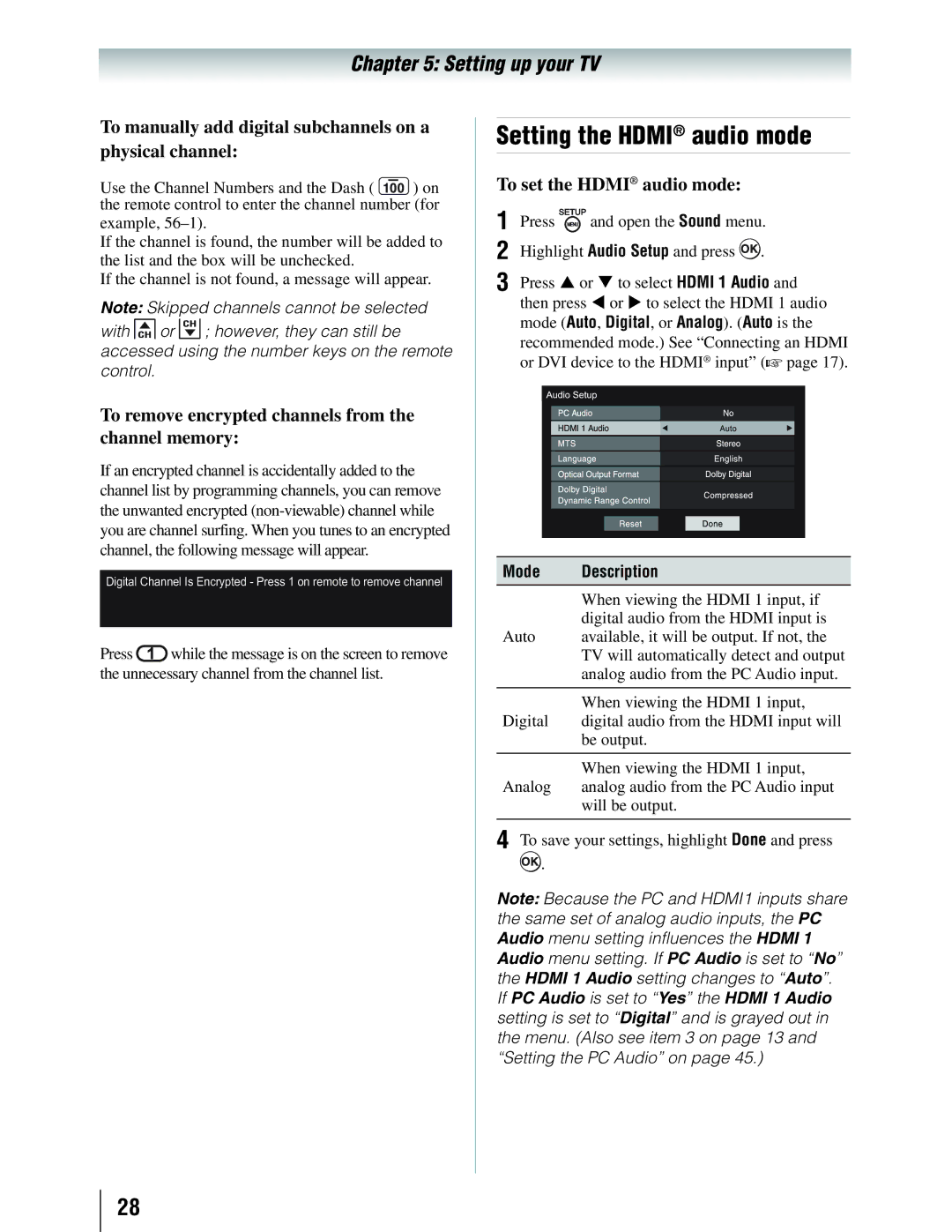 Toshiba 19SLV411U Setting the Hdmi audio mode, To manually add digital subchannels on a physical channel, Mode Description 