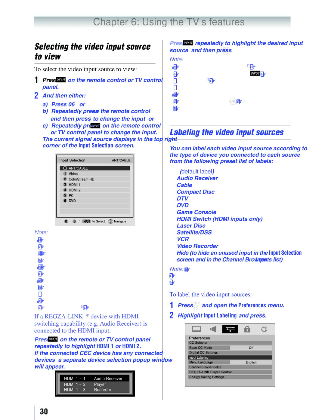 Toshiba 19SLV411U Using the TV’s features, Selecting the video input source to view, Labeling the video input sources 