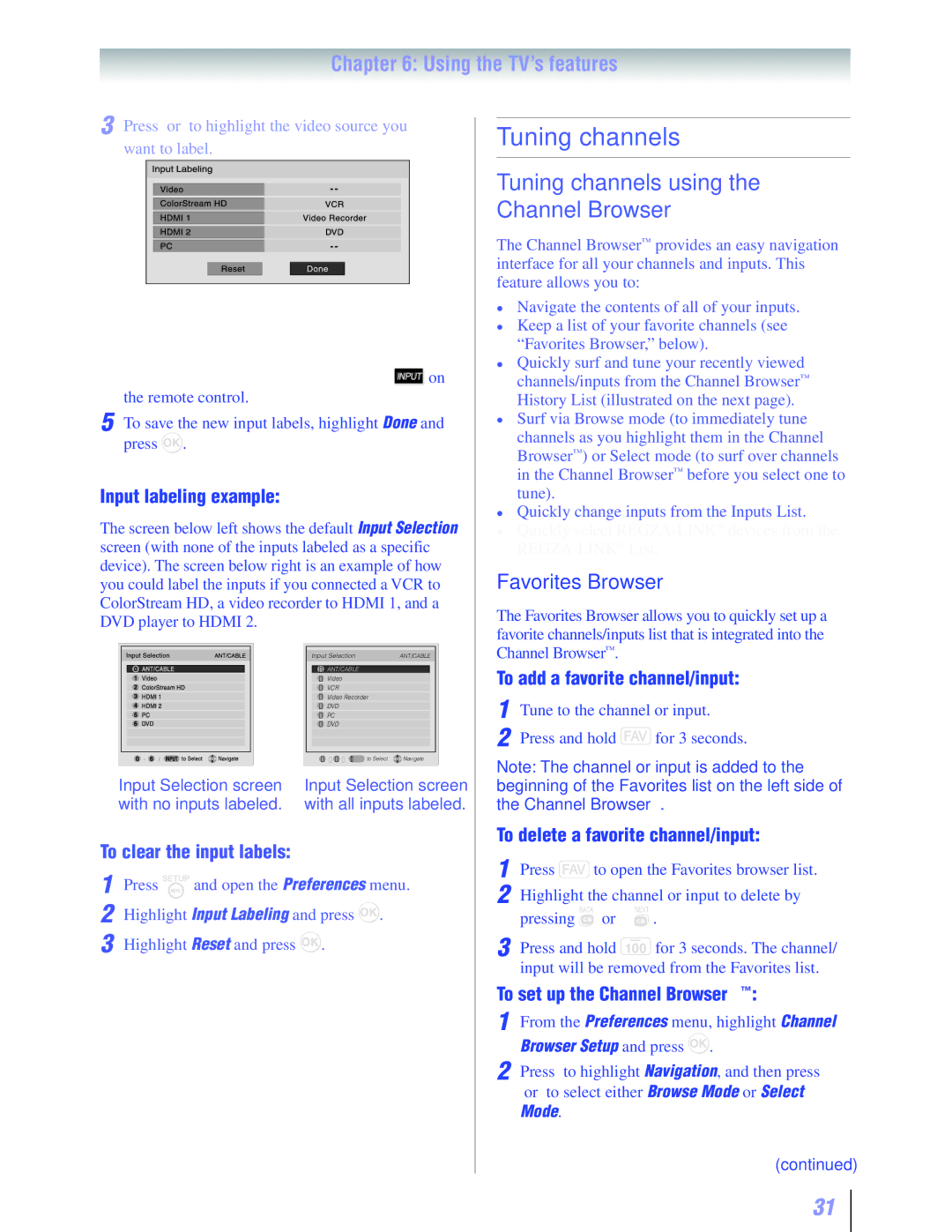 Toshiba 19SLV411U manual Tuning channels using Channel Browser, Favorites Browser 