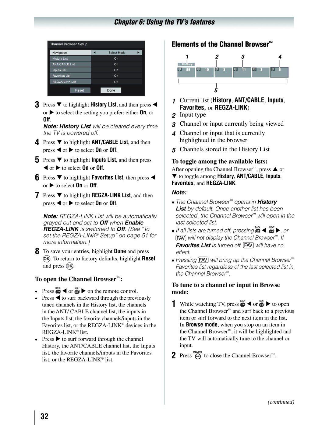 Toshiba 19SLV411U manual Elements of the Channel Browser, To open the Channel Browser, To toggle among the available lists 