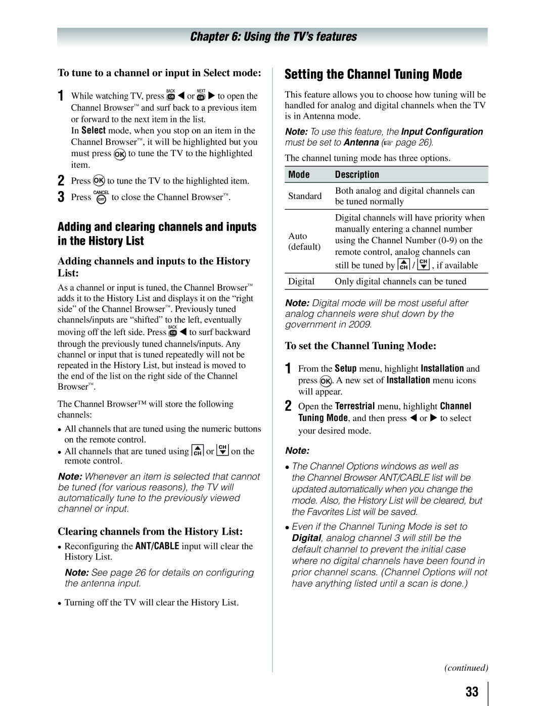 Toshiba 19SLV411U manual Setting the Channel Tuning Mode, History List 