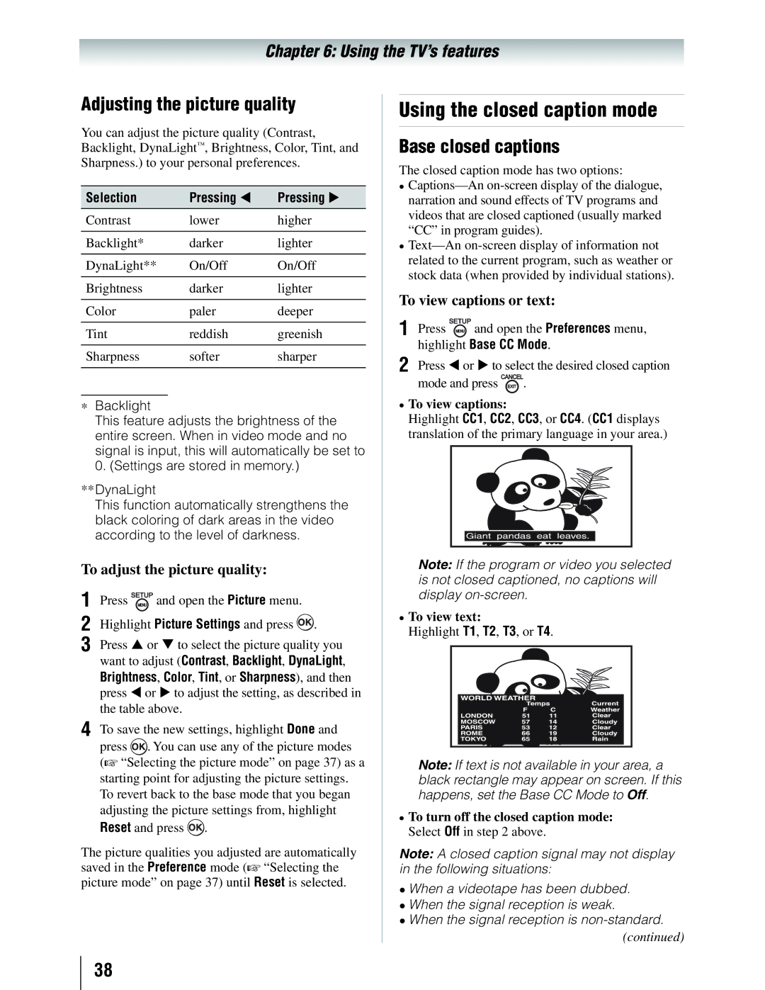 Toshiba 19SLV411U manual Using the closed caption mode, Adjusting the picture quality, Base closed captions 