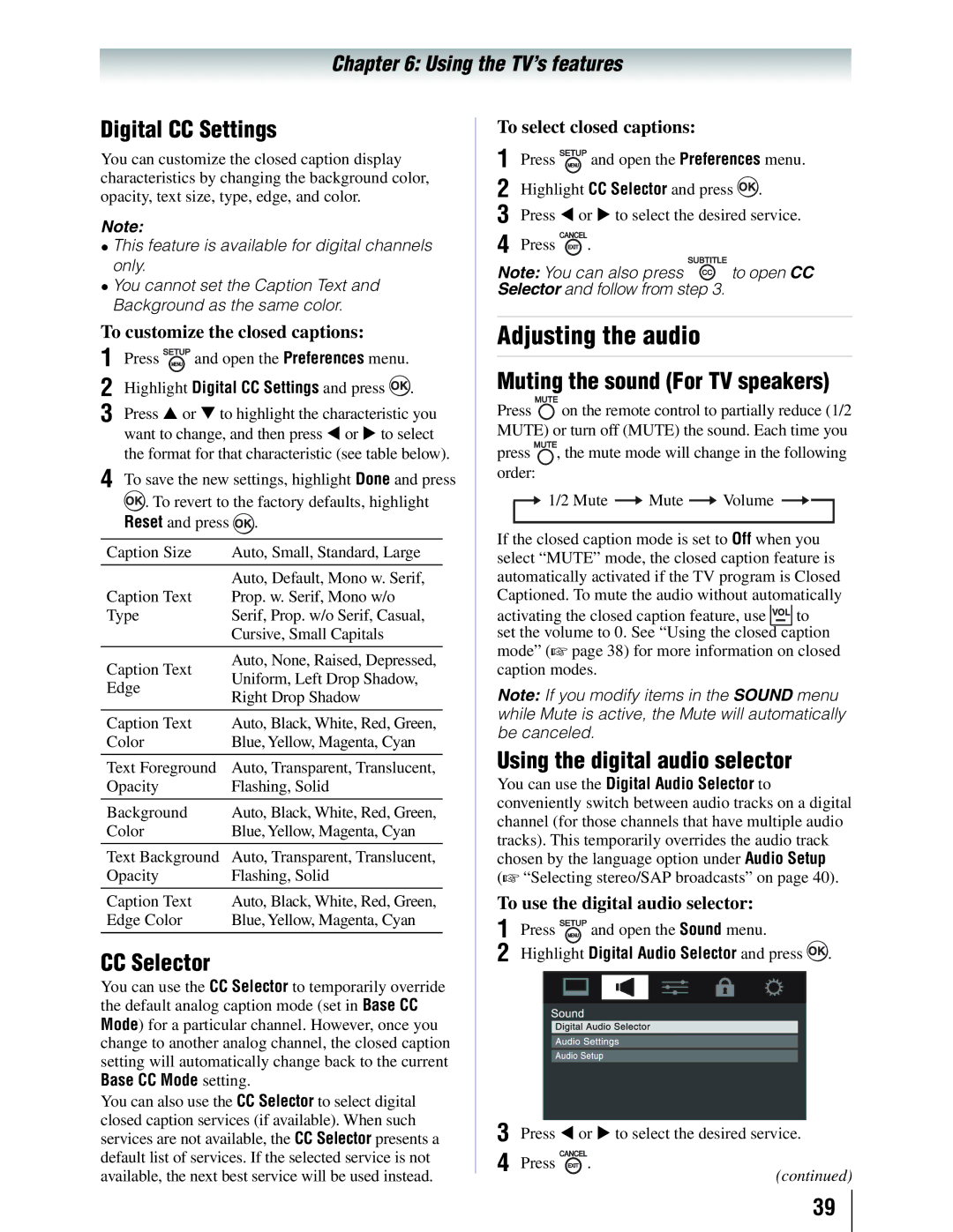 Toshiba 19SLV411U manual Adjusting the audio, Digital CC Settings, CC Selector, Muting the sound For TV speakers 