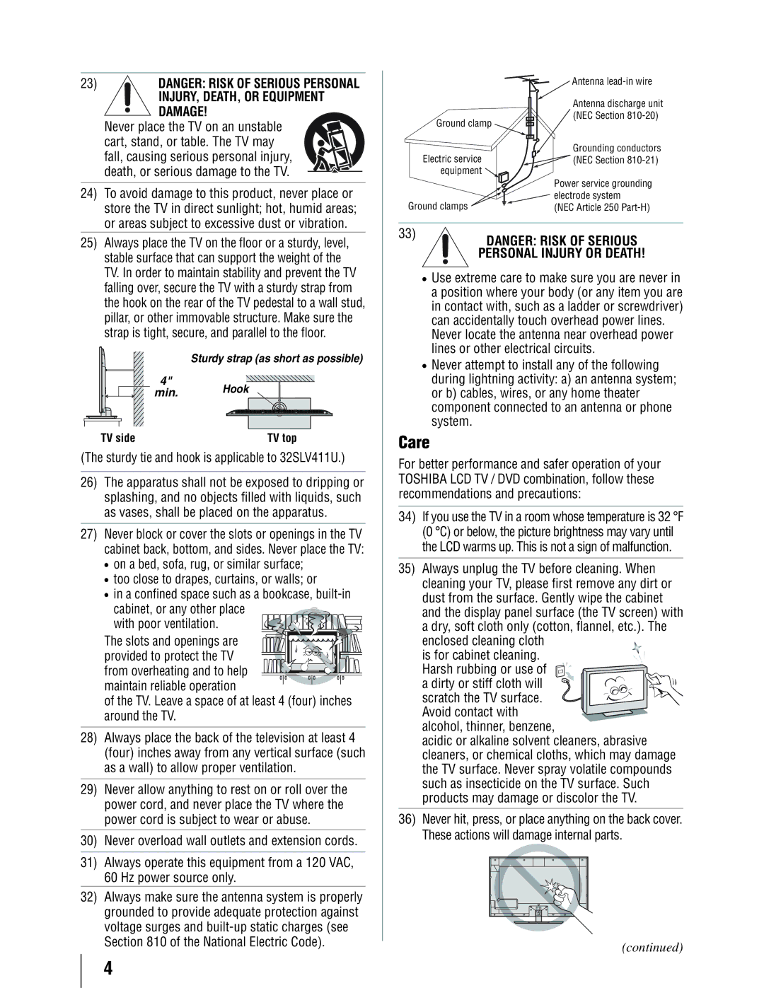 Toshiba 19SLV411U manual Care, Damage 