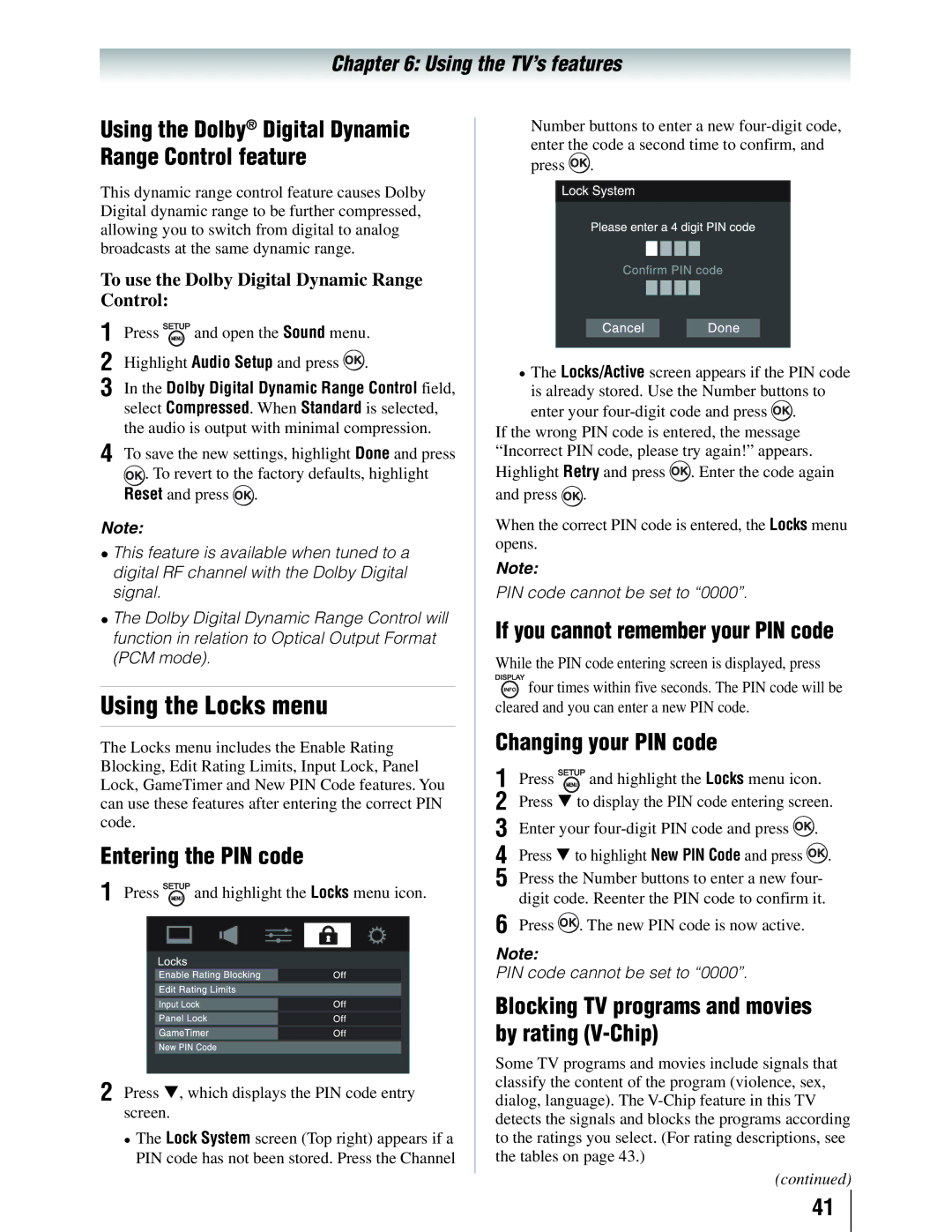 Toshiba 19SLV411U manual Using the Locks menu, Entering the PIN code, If you cannot remember your PIN code 