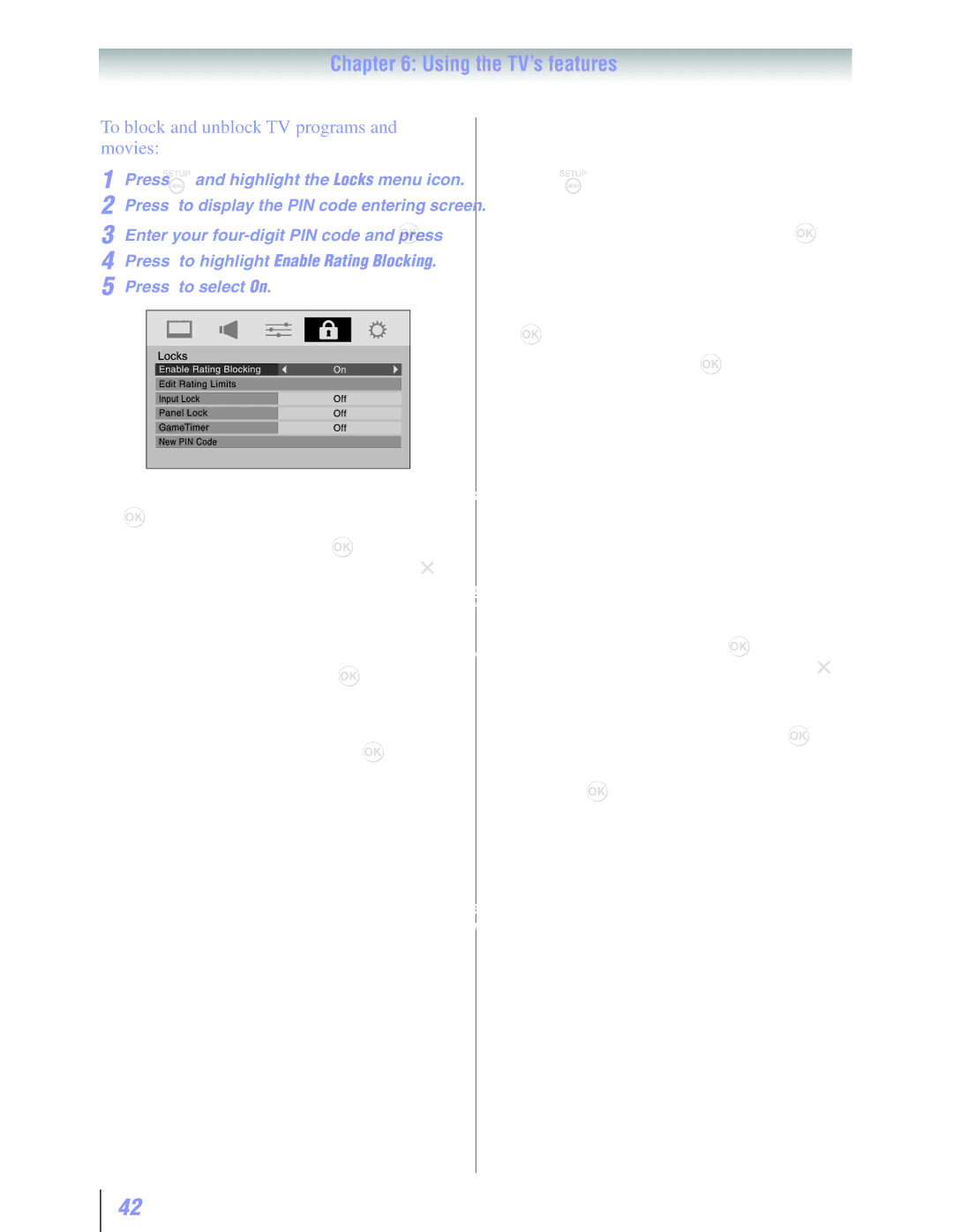 Toshiba 19SLV411U manual To block and unblock TV programs and movies, To download the additional rating system if available 