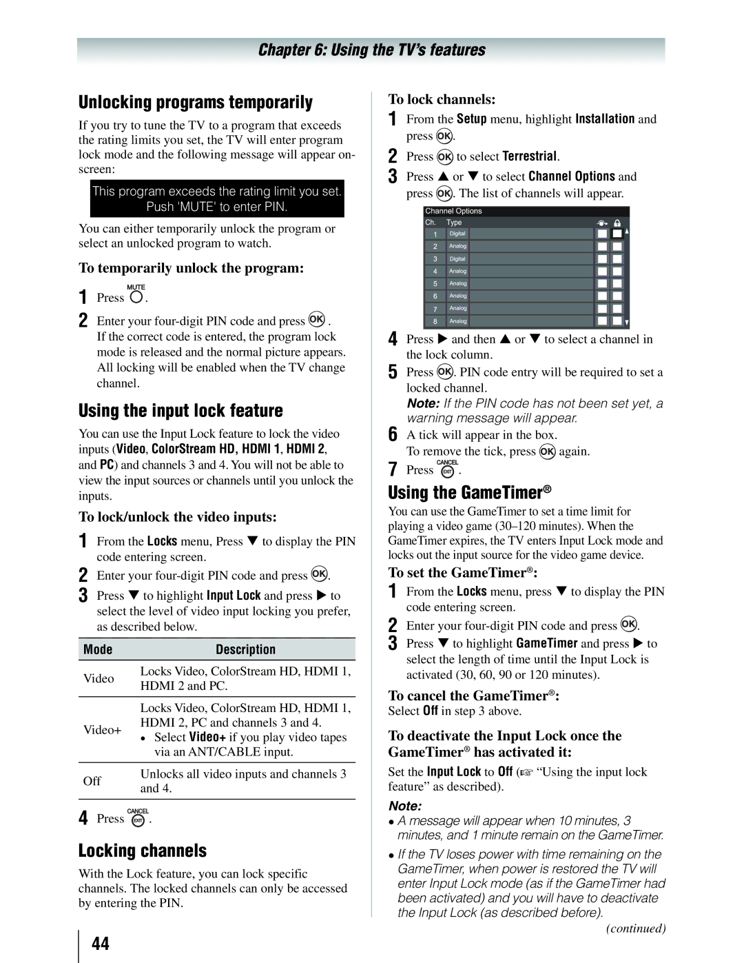 Toshiba 19SLV411U Unlocking programs temporarily, Using the input lock feature, Using the GameTimer, Locking channels 