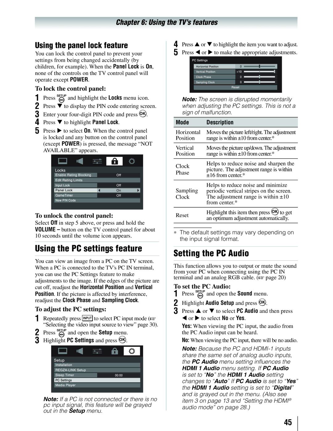 Toshiba 19SLV411U manual Using the PC settings feature, Setting the PC Audio, Using the panel lock feature 