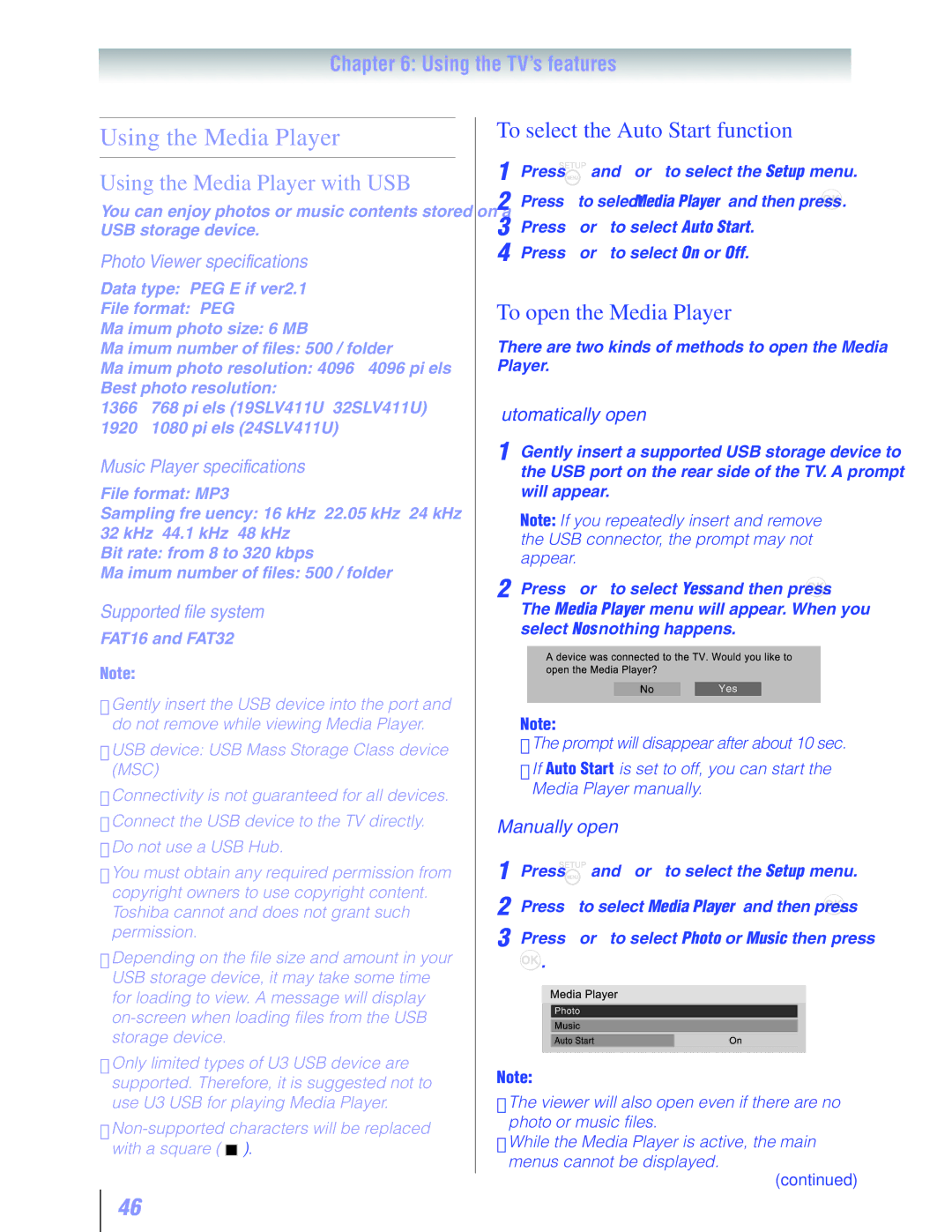 Toshiba 19SLV411U manual Using the Media Player with USB, To select the Auto Start function, To open the Media Player 