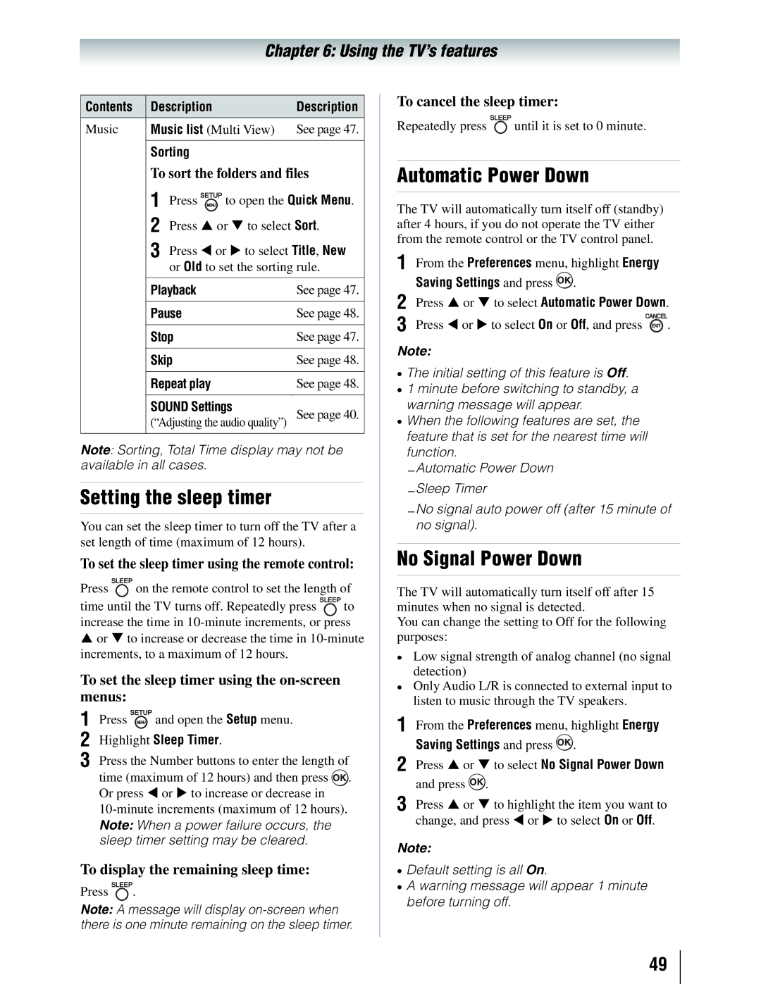 Toshiba 19SLV411U manual Setting the sleep timer, Automatic Power Down, No Signal Power Down 