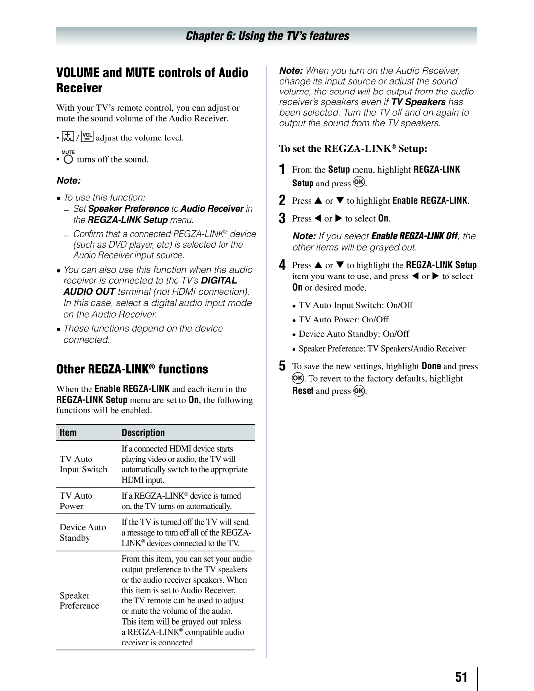 Toshiba 19SLV411U manual Volume and Mute controls of Audio Receiver, Other REGZA-LINKfunctions, To set the REGZA-LINKSetup 