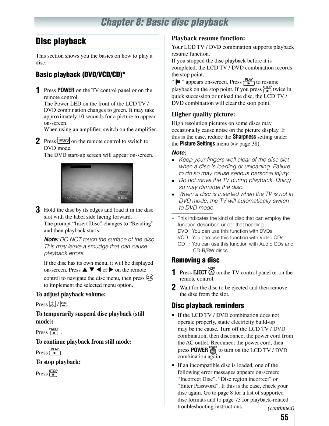 Toshiba 19SLV411U manual Basic disc playback, Basic playback DVD/VCD/CD, Removing a disc, Disc playback reminders 