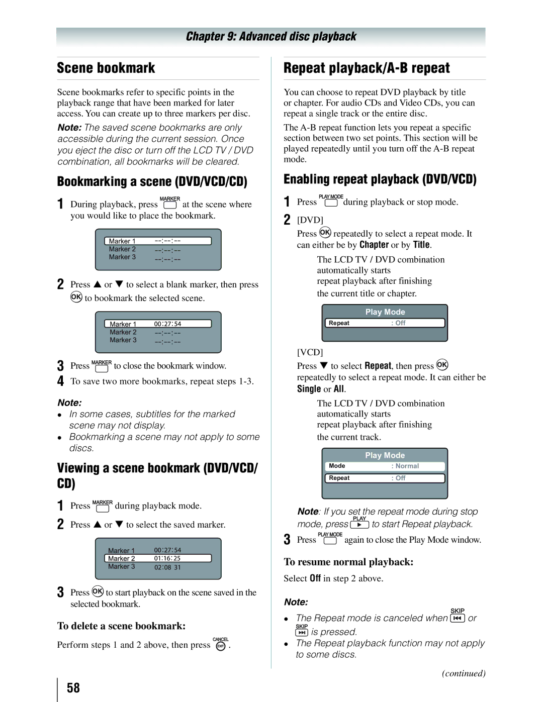 Toshiba 19SLV411U manual Scene bookmark, Repeat playback/A-B repeat, Viewing a scene bookmark DVD/VCD/ CD 