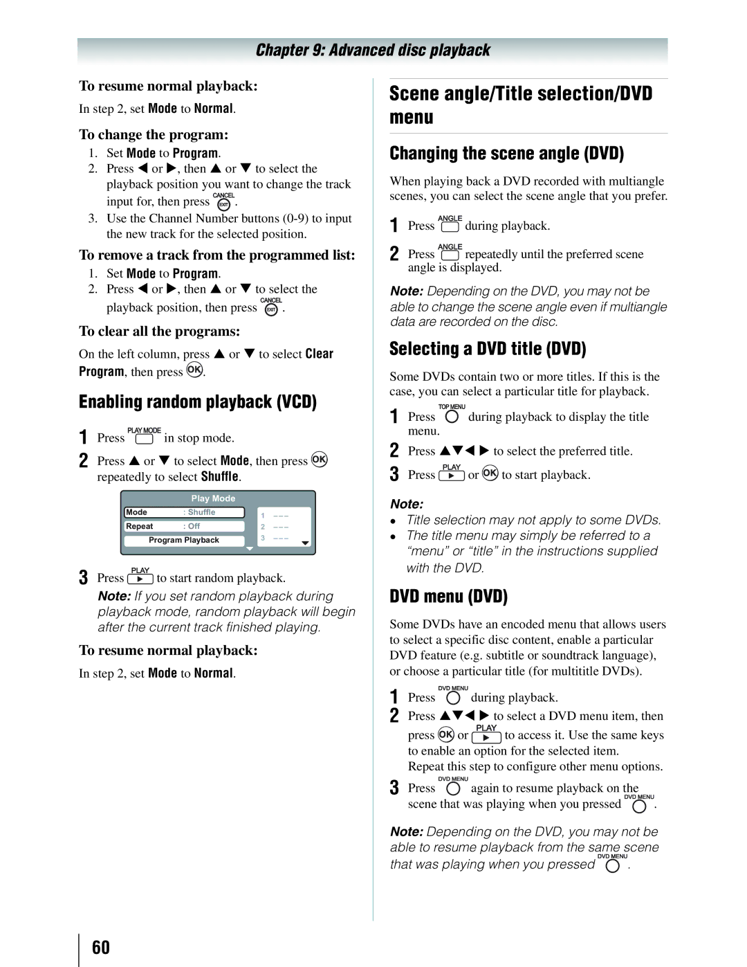 Toshiba 19SLV411U manual Scene angle/Title selection/DVD menu, Enabling random playback VCD, Changing the scene angle DVD 
