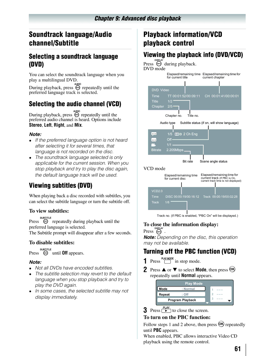 Toshiba 19SLV411U manual Selecting a soundtrack language DVD, Selecting the audio channel VCD, Viewing subtitles DVD 