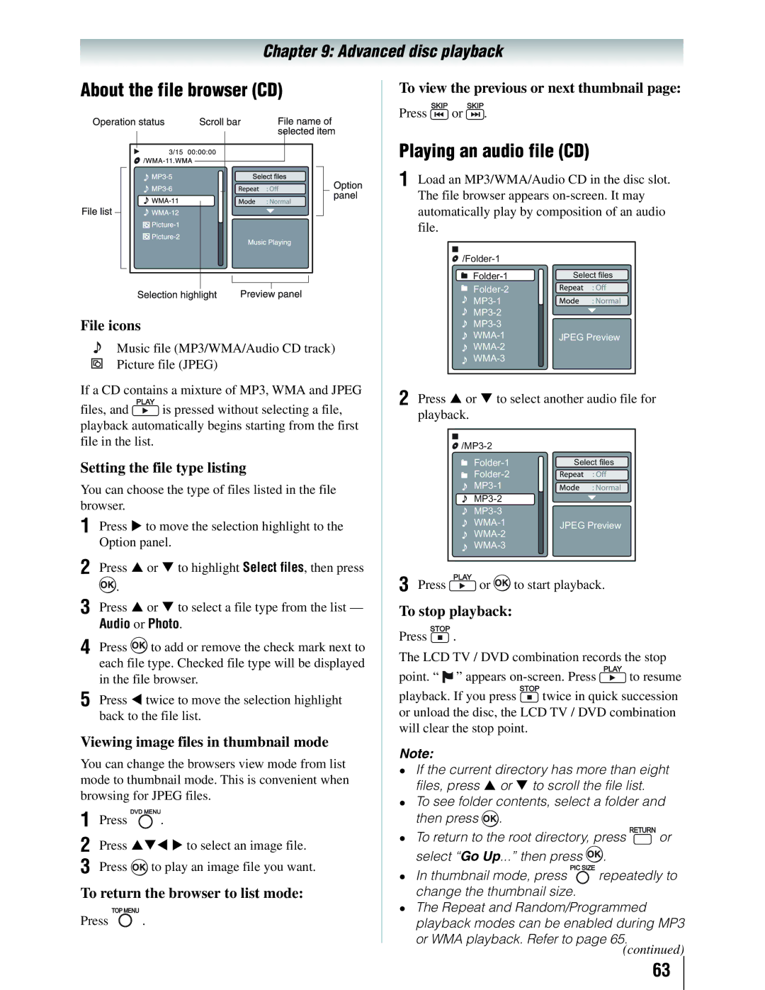 Toshiba 19SLV411U manual About the file browser CD, Playing an audio file CD 