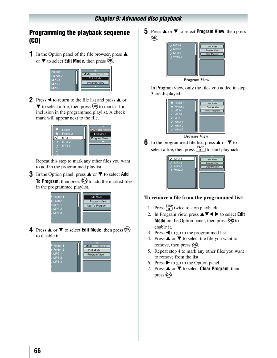 Toshiba 19SLV411U manual Programming the playback sequence CD, To remove a file from the programmed list 