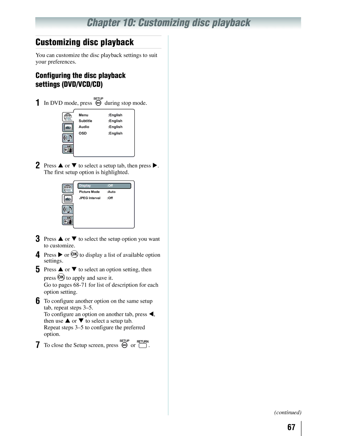 Toshiba 19SLV411U manual Customizing disc playback, Configuring the disc playback settings DVD/VCD/CD 