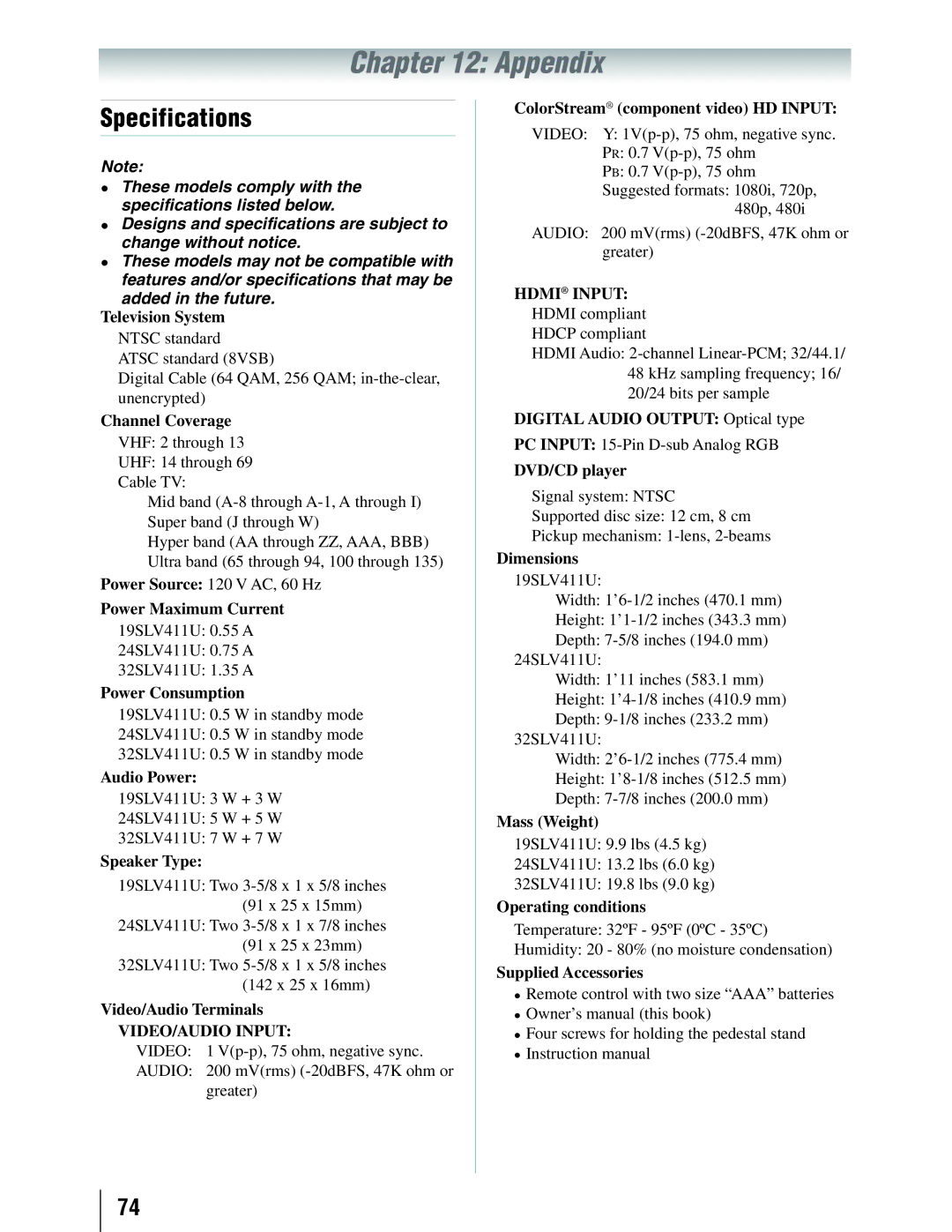 Toshiba Appendix, Specifications, 19SLV411U 0.55 a 24SLV411U 0.75 a 32SLV411U 1.35 a, PC Input 15-Pin D-sub Analog RGB 