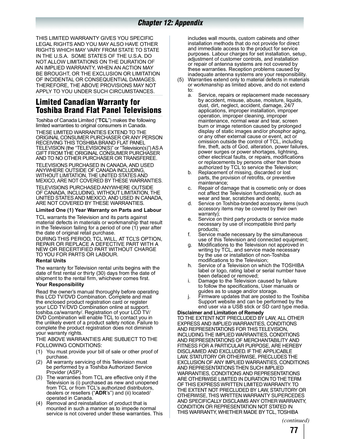 Toshiba 19SLV411U manual This WARRANTY, Whether Made by TCL, Toshiba 