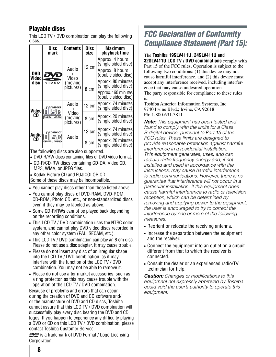 Toshiba 19SLV411U manual Playable discs, Disc Maximum, Playback time 