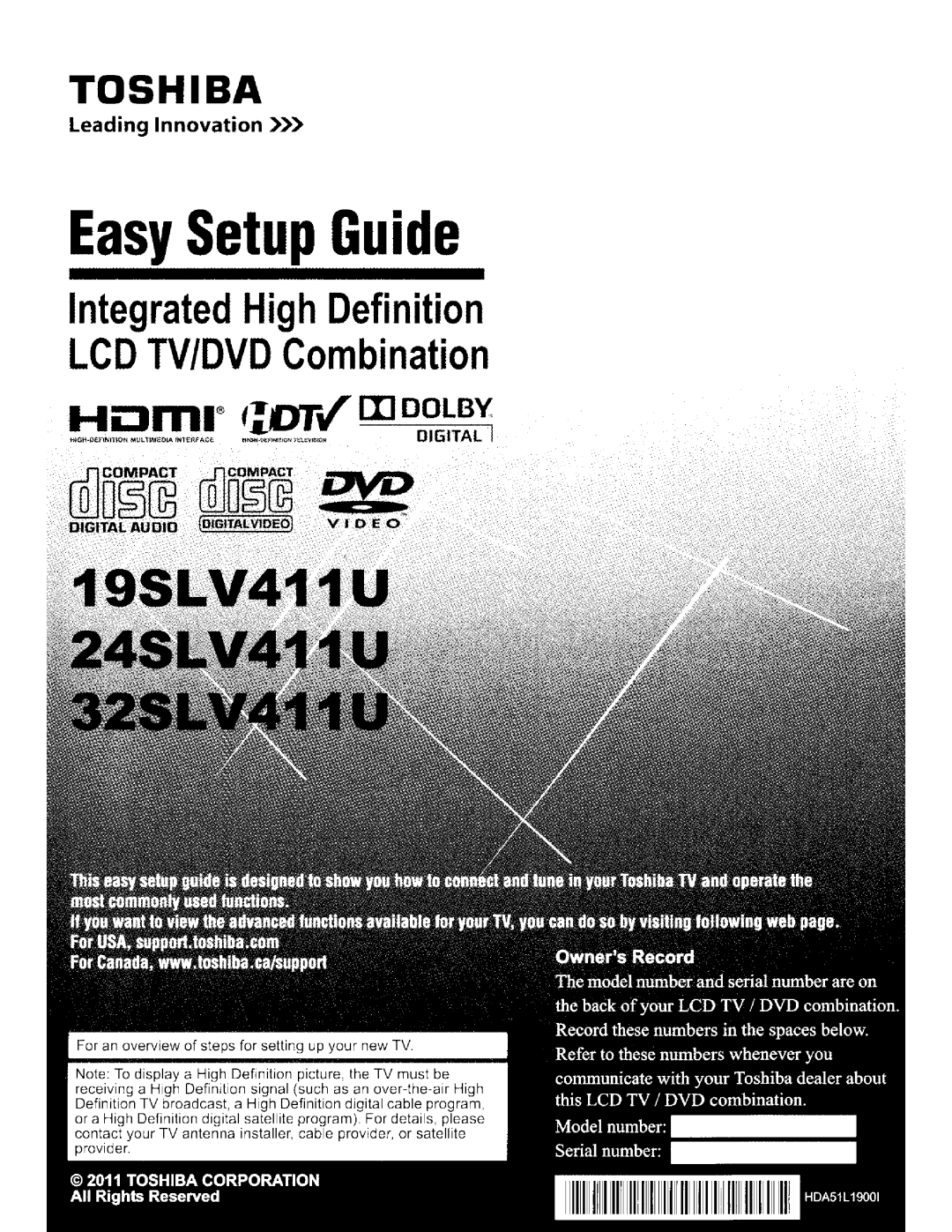 Toshiba 19SLV411U manual Easy Setup Guide 