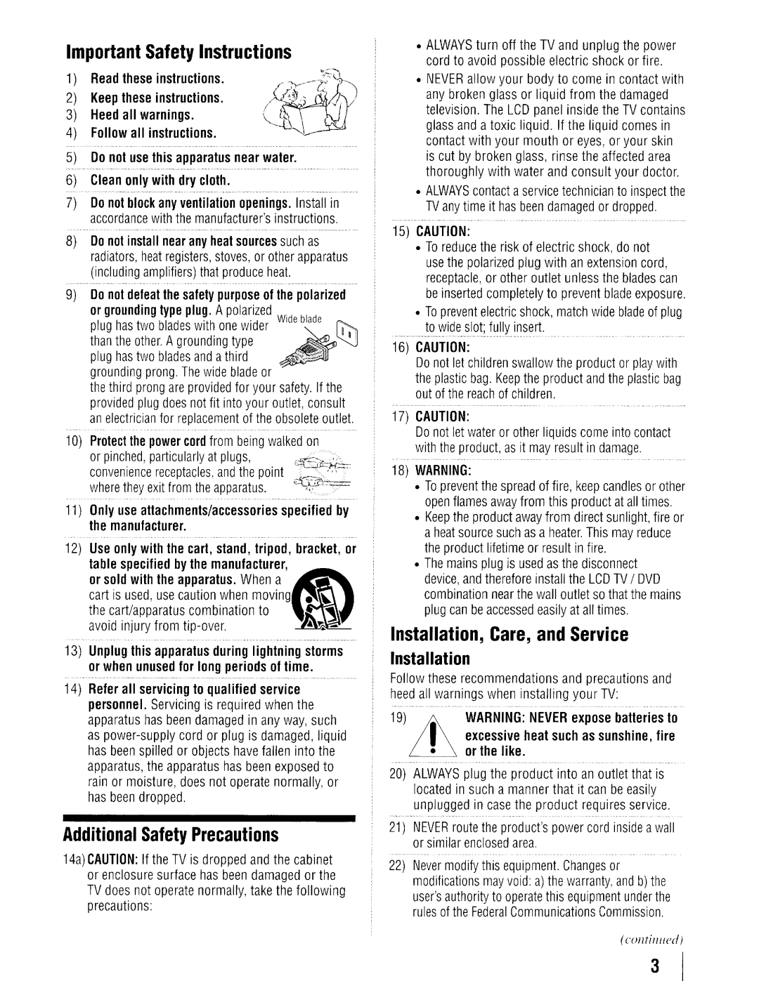 Toshiba 19SLV411U manual Important Safety Instructions, Additional Safety Precautions, Installation, Care, and Service 