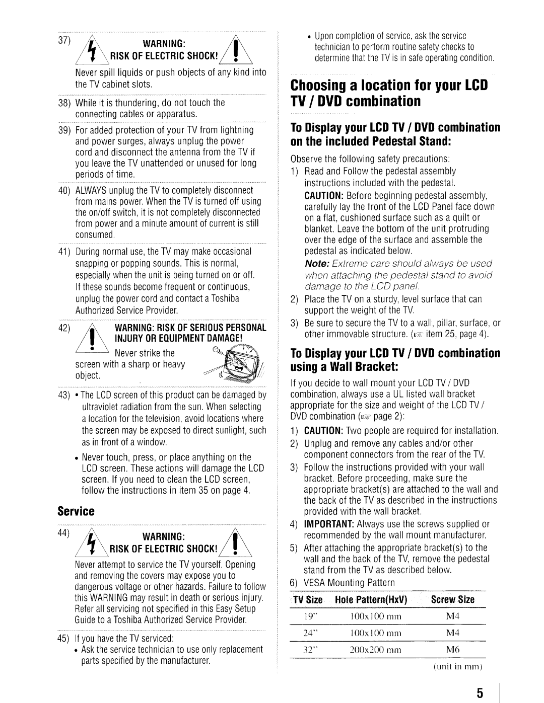 Toshiba 19SLV411U manual 37 ~ Warning j, 44 ~ Warning j, LOOxlOO mm 200x200 mm Unit in mm 