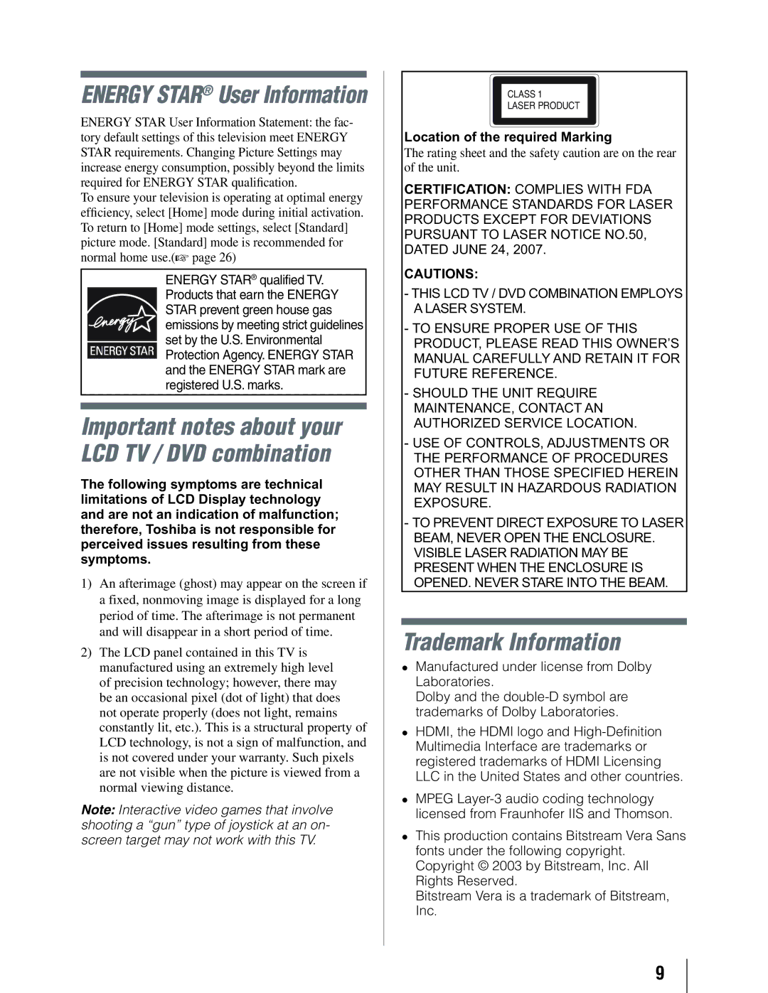 Toshiba 19SLV411U manual Trademark Information, Energy Star User Information 