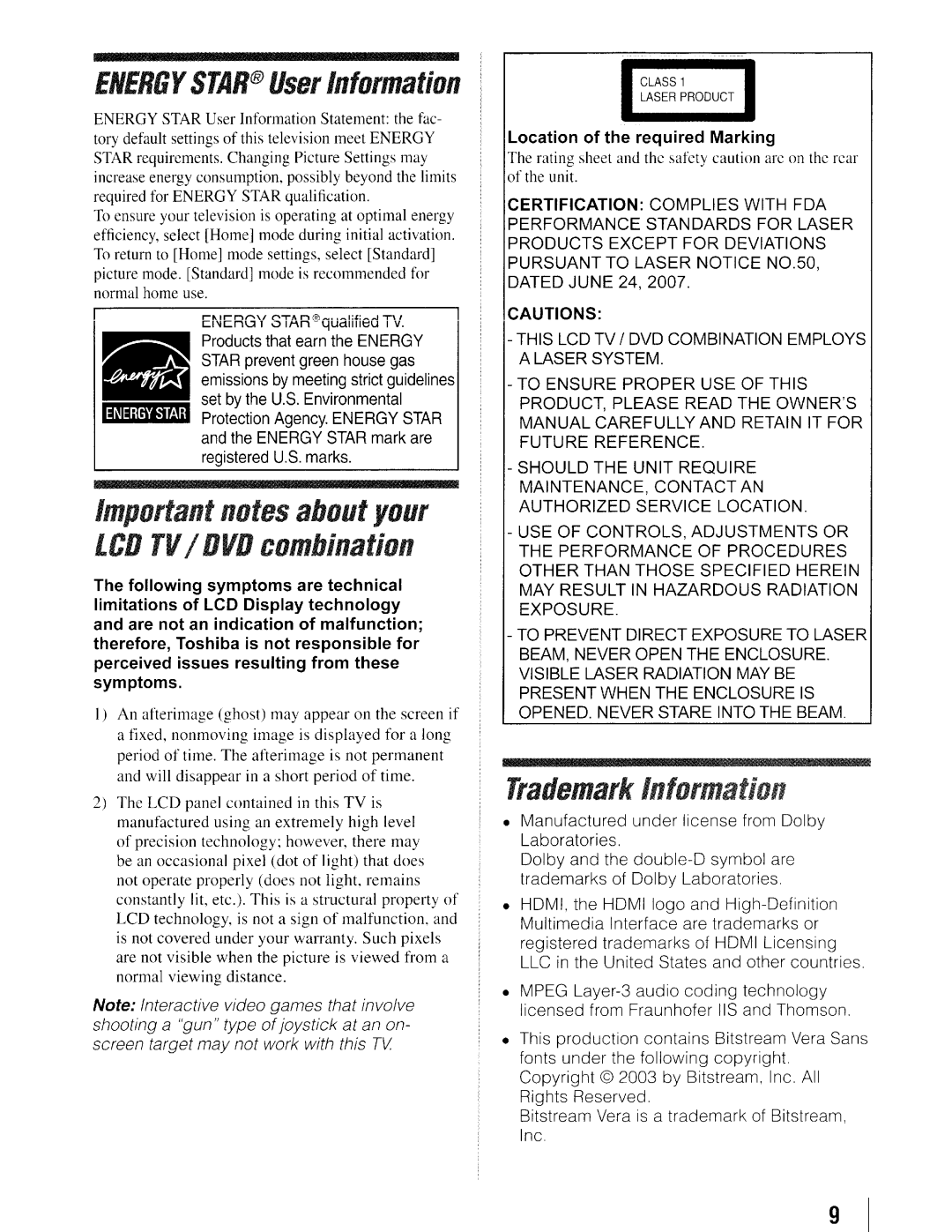 Toshiba 19SLV411U manual Energy STAR@ User Information, Location of the required Marking 