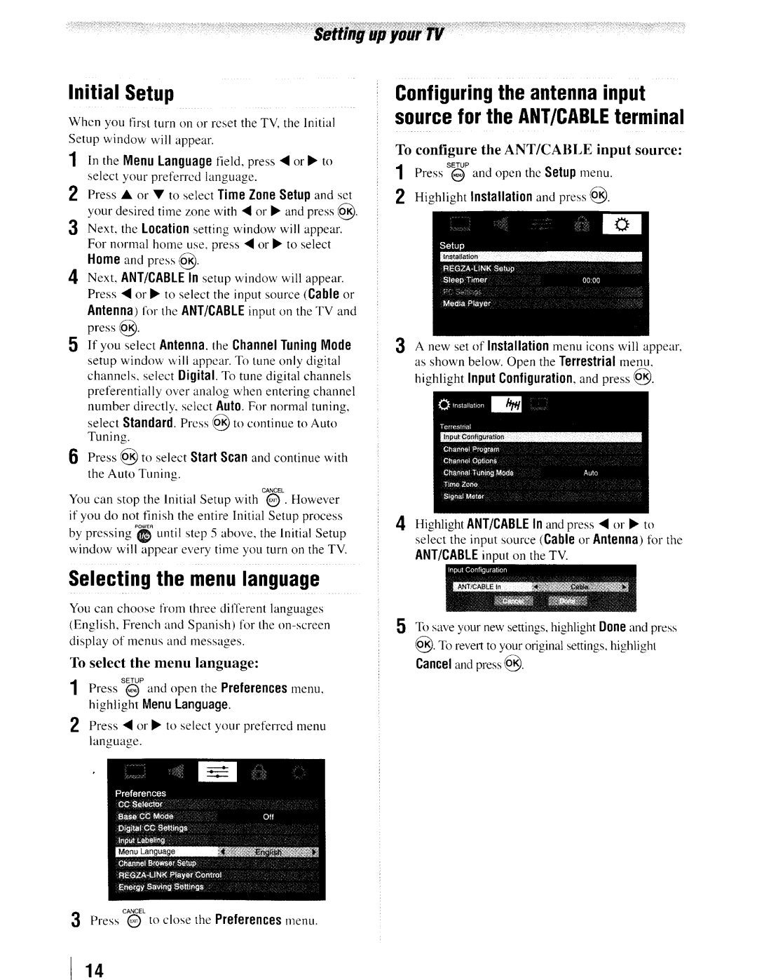 Toshiba 19SLV411U manual Initial Setup, Highlight Menu Language 