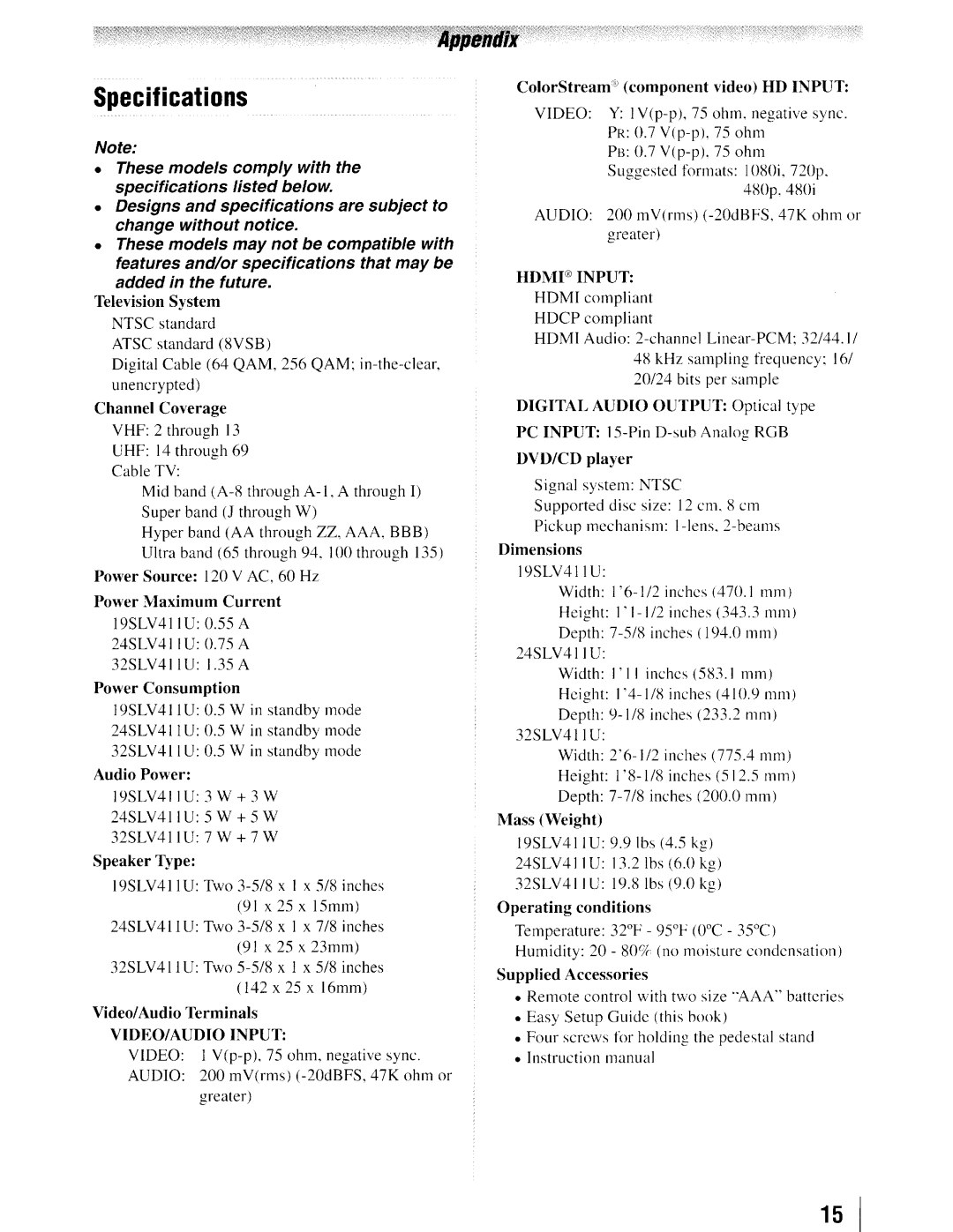 Toshiba 19SLV411U manual Specifications 