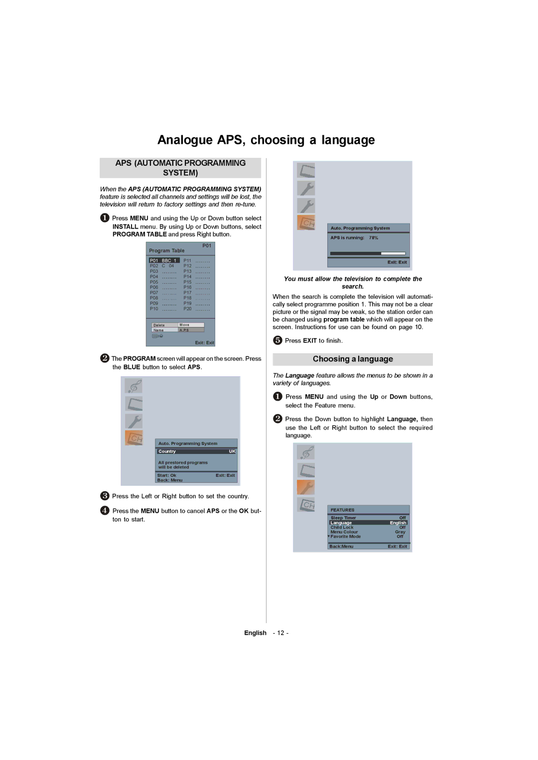 Toshiba 19W330DG owner manual Analogue APS, choosing a language, Choosing a language, Press Exit to finish 