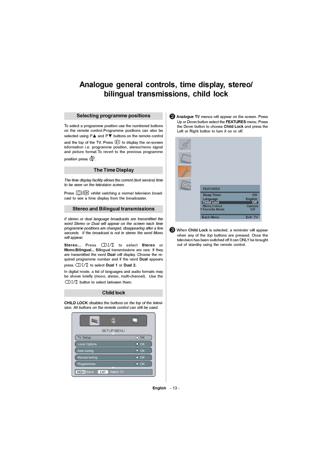 Toshiba 19W330DG owner manual Selecting programme positions, Time Display, Stereo and Bilingual transmissions, Child lock 