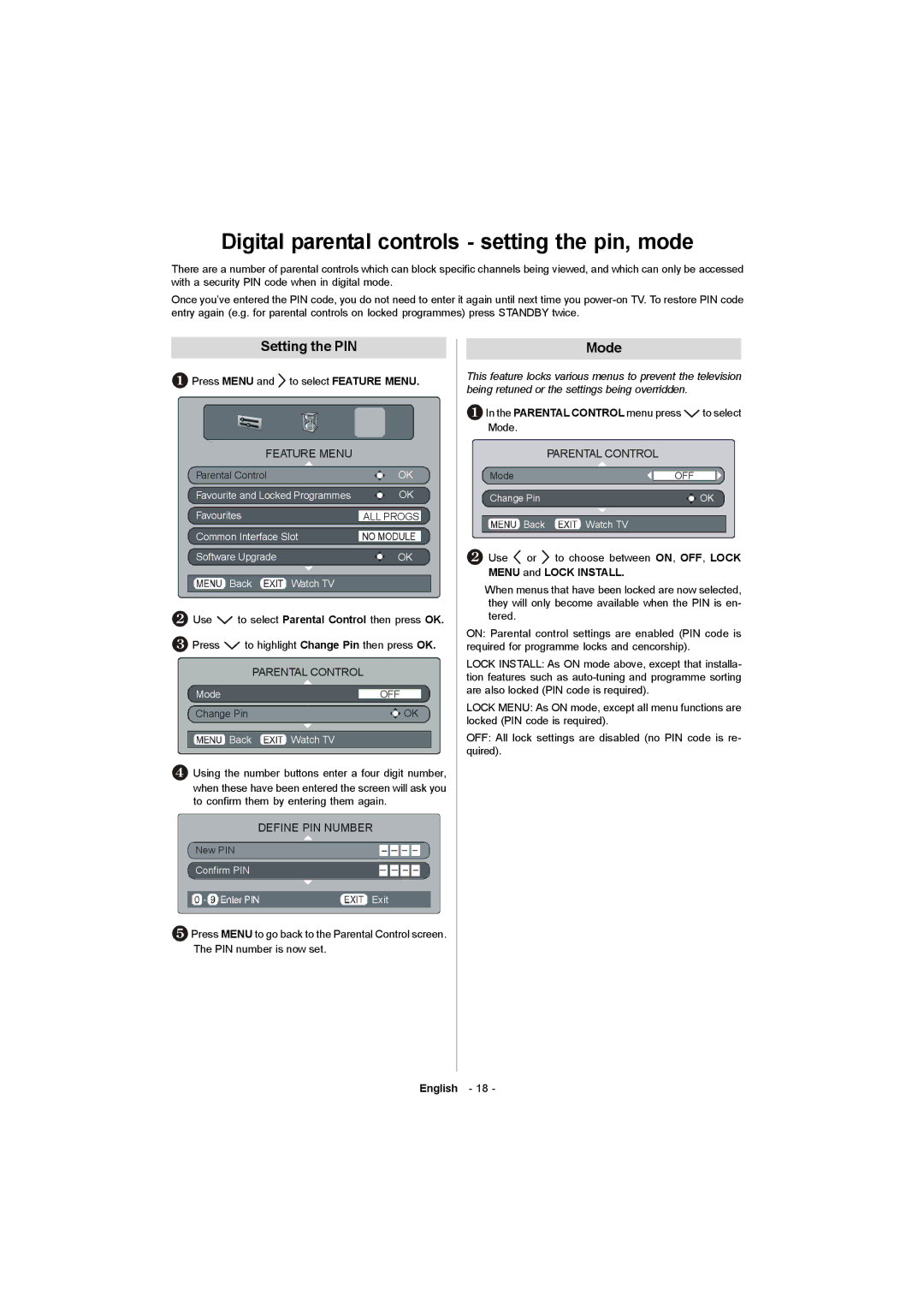 Toshiba 19W330DG owner manual Digital parental controls setting the pin, mode, Setting the PIN Mode, Menu and Lock Install 