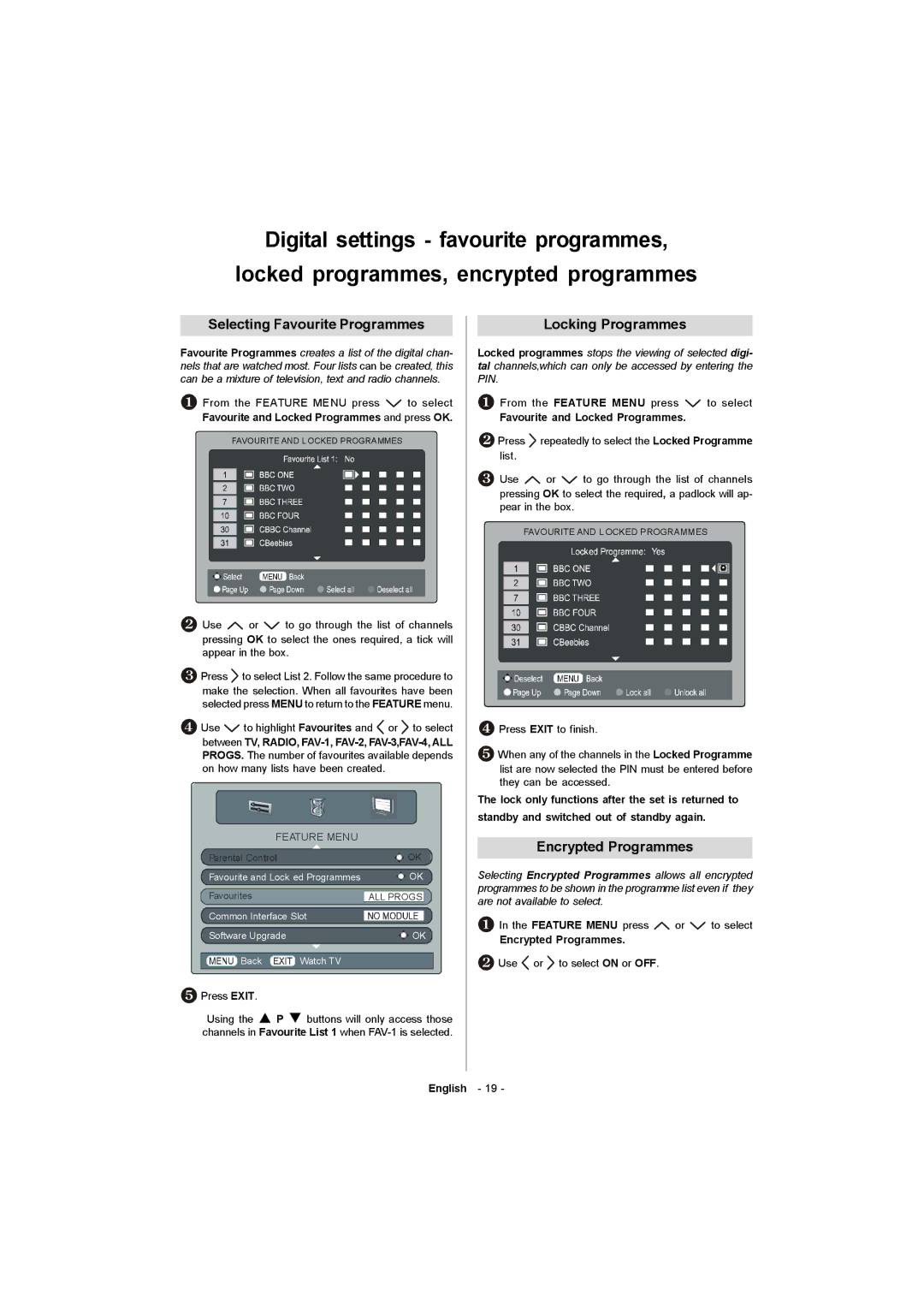 Toshiba 19W330DG owner manual Selecting Favourite Programmes, Locking Programmes, Encrypted Programmes 