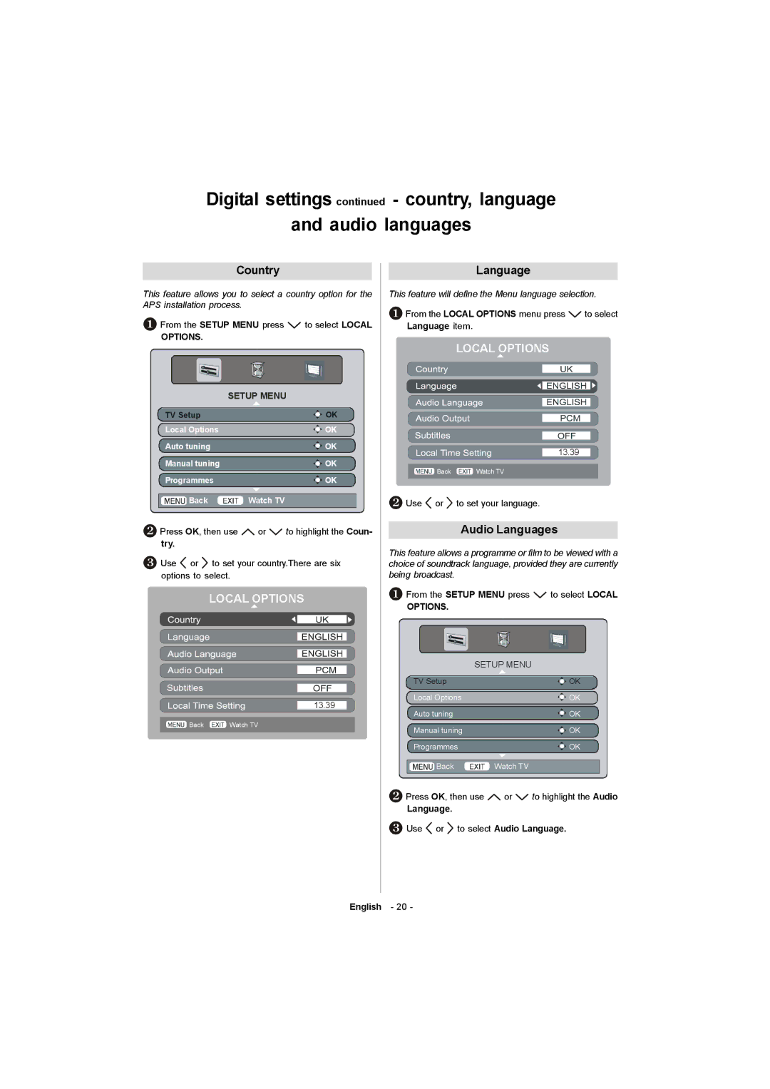 Toshiba 19W330DG owner manual Digital settings country, language Audio languages, Country Language, Audio Languages 