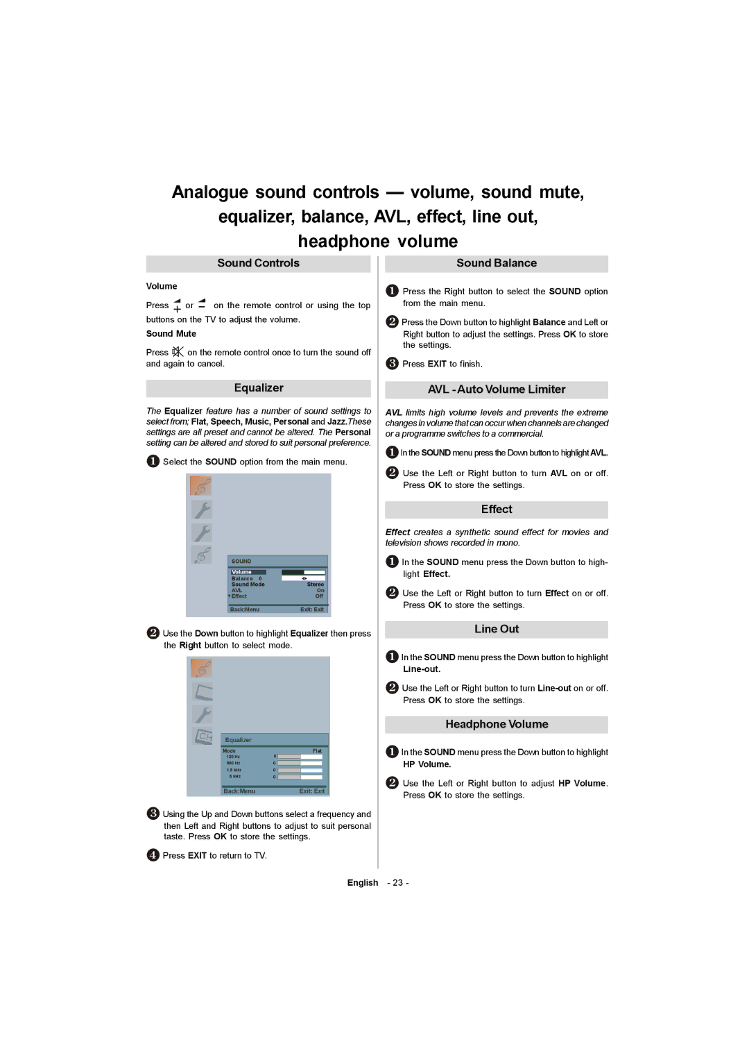 Toshiba 19W330DG Sound Controls Sound Balance, Equalizer, AVL Auto Volume Limiter, Effect, Line Out, Headphone Volume 