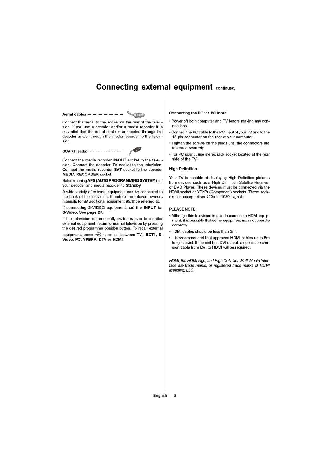 Toshiba 19W330DG owner manual Aerial cables, Scart leads, High Definition 