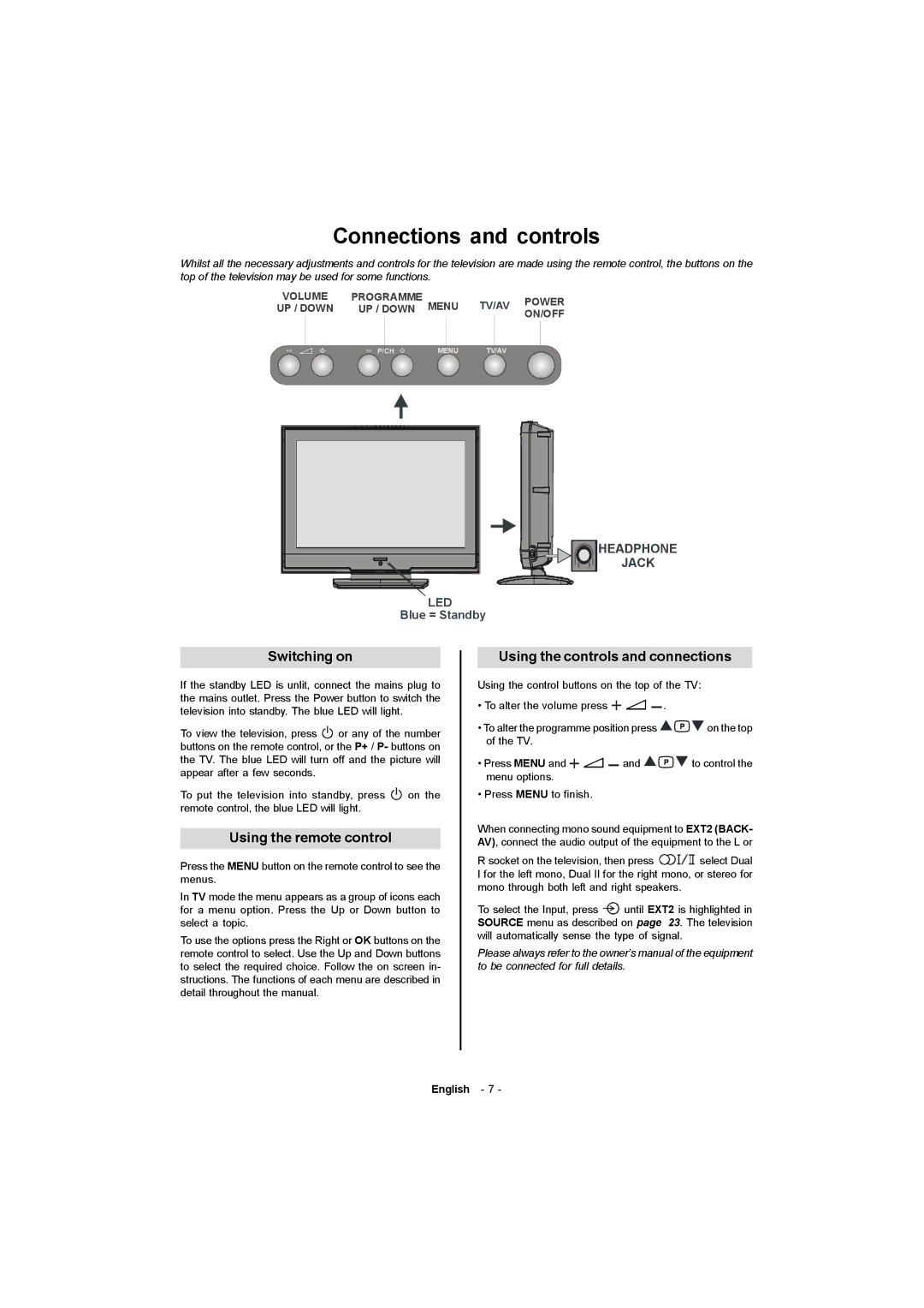 Toshiba 19W330DG Connections and controls, Switching on, Using the remote control, Using the controls and connections 