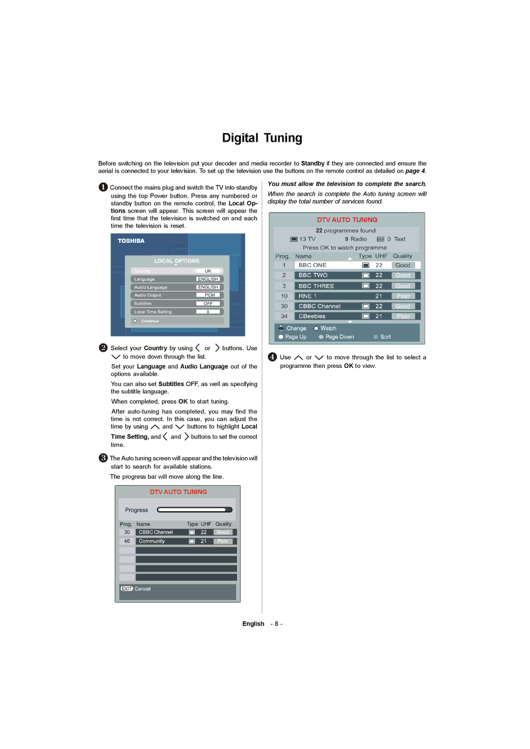 Toshiba 19W330DG owner manual Digital Tuning, You must allow the television to complete the search 