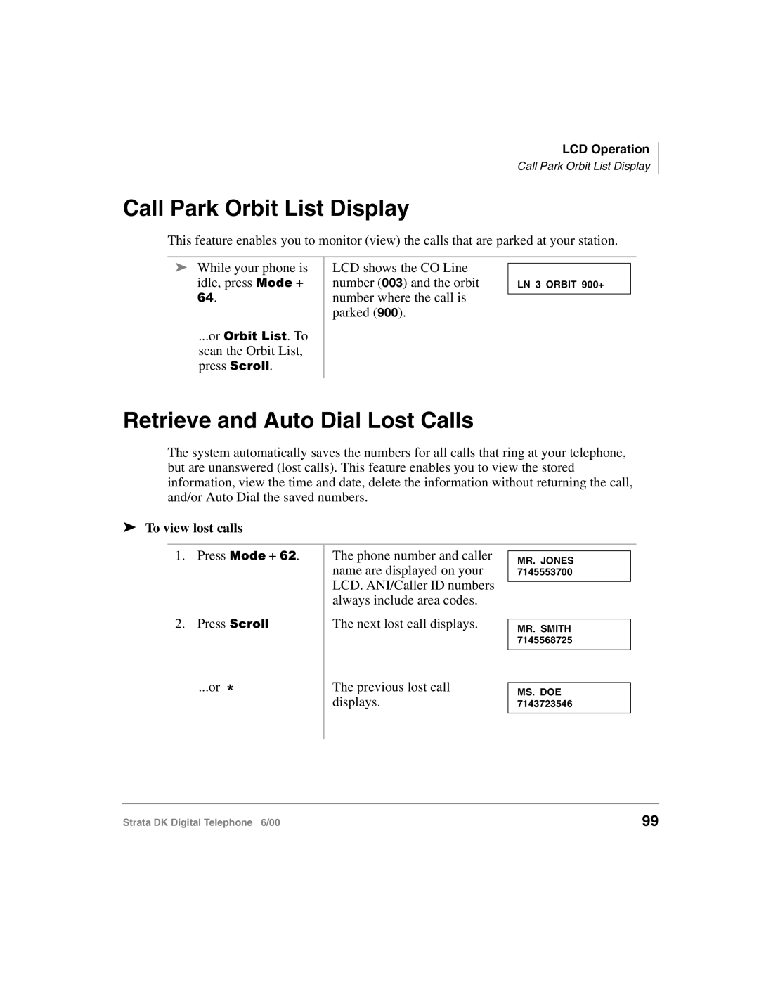 Toshiba 2000-series manual Call Park Orbit List Display, Retrieve and Auto Dial Lost Calls, To view lost calls 