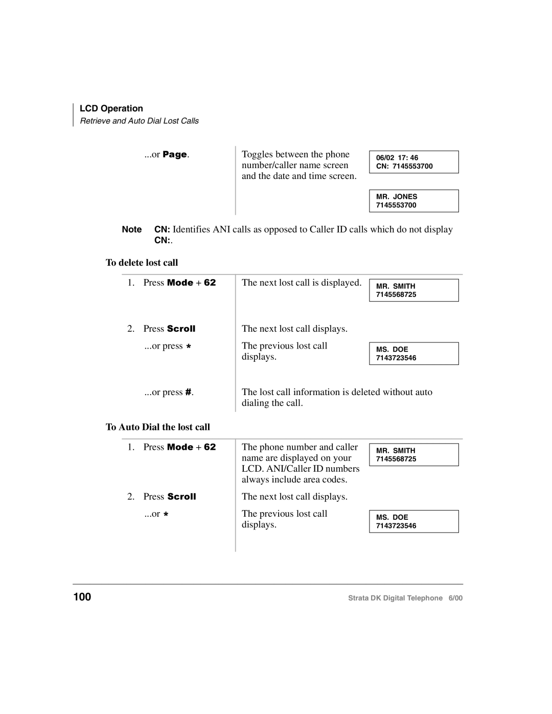 Toshiba 2000-series manual 100, To delete lost call, To Auto Dial the lost call 